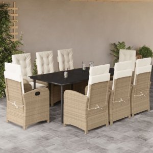 vidaXL VidaXL 9 Piece Patio Dining Set with Cushions Beige Poly Rattan 1