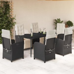 vidaXL VidaXL 7 Piece Patio Dining Set with Cushions Black Poly Rattan 1