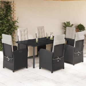 vidaXL VidaXL 7 Piece Patio Dining Set with Cushions Black Poly Rattan 1