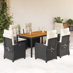 vidaXL VidaXL 7 Piece Patio Dining Set with Cushions Black Poly Rattan 1