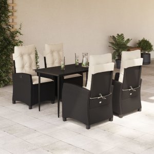 vidaXL VidaXL 5 Piece Patio Dining Set with Cushions Black Poly Rattan 1