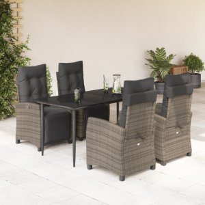 vidaXL VidaXL 5 Piece Patio Dining Set with Cushions Gray Poly Rattan 1