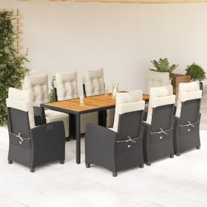 vidaXL VidaXL 9 Piece Patio Dining Set with Cushions Black Poly Rattan 1