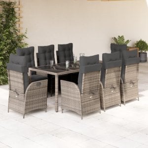 vidaXL VidaXL 9 Piece Patio Dining Set with Cushions Gray Poly Rattan 1