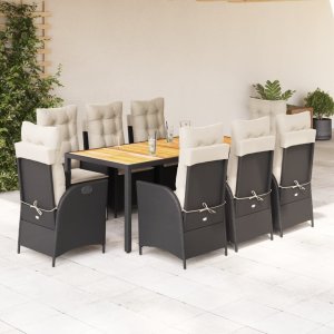 vidaXL VidaXL 9 Piece Patio Dining Set with Cushions Black Poly Rattan 1