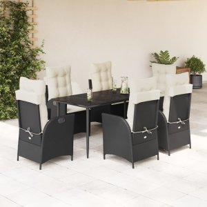 vidaXL VidaXL 7 Piece Patio Dining Set with Cushions Black Poly Rattan 1