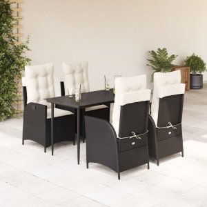 vidaXL VidaXL 5 Piece Patio Dining Set with Cushions Black Poly Rattan 1