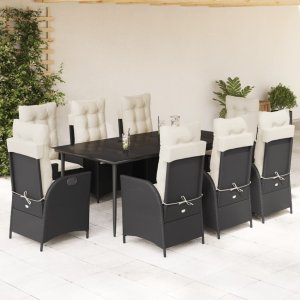 vidaXL VidaXL 9 Piece Patio Dining Set with Cushions Black Poly Rattan 1