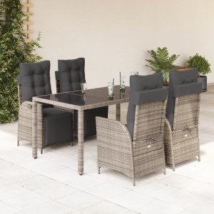 vidaXL VidaXL 5 Piece Patio Dining Set with Cushions Gray Poly Rattan 1