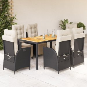 vidaXL VidaXL 7 Piece Patio Dining Set with Cushions Black Poly Rattan 1