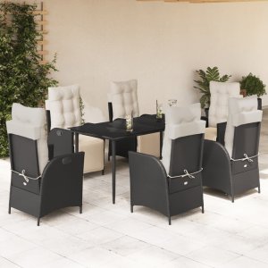 vidaXL VidaXL 7 Piece Patio Dining Set with Cushions Black Poly Rattan 1