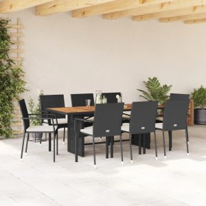 vidaXL VidaXL 9 Piece Patio Dining Set with Cushions Black Poly Rattan 1