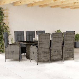 vidaXL VidaXL 9 Piece Patio Dining Set with Cushions Gray Poly Rattan 1