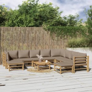 vidaXL VidaXL 11 Piece Patio Lounge Set with Taupe Cushions Bamboo 1