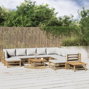 vidaXL VidaXL 12 Piece Patio Lounge Set with Light Gray Cushions Bamboo 1