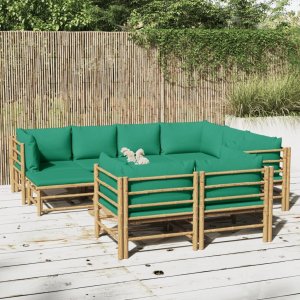 vidaXL VidaXL 10 Piece Patio Lounge Set with Green Cushions Bamboo 1