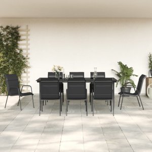 vidaXL VidaXL 9 Piece Patio Dining Set Black Steel and Textilene 1