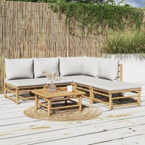 vidaXL VidaXL 6 Piece Patio Lounge Set with Light Gray Cushions Bamboo 1