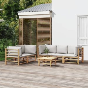 vidaXL VidaXL 6 Piece Patio Lounge Set with Light Gray Cushions Bamboo 1