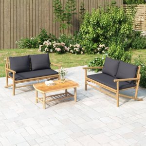 vidaXL VidaXL 3 Piece Patio Lounge Set with Dark Gray Cushions Bamboo 1