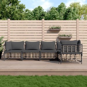 vidaXL VidaXL 5 Piece Patio Lounge Set with Cushions Anthracite Poly Rattan 1