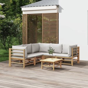 vidaXL VidaXL 6 Piece Patio Lounge Set with Light Gray Cushions Bamboo 1