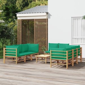 vidaXL VidaXL 9 Piece Patio Lounge Set with Green Cushions Bamboo 1