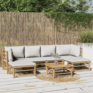 vidaXL VidaXL 7 Piece Patio Lounge Set with Light Gray Cushions Bamboo 1