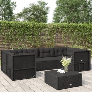 vidaXL VidaXL 6 Piece Patio Lounge Set with Cushions Black Poly Rattan 1