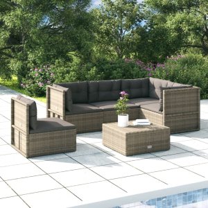 vidaXL VidaXL 5 Piece Patio Lounge Set with Cushions Gray Poly Rattan 1