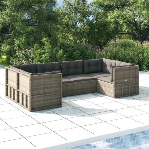 vidaXL VidaXL 6 Piece Patio Lounge Set with Cushions Gray Poly Rattan 1