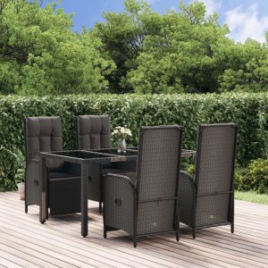 vidaXL VidaXL 5 Piece Patio Dining Set with Cushions Black Poly Rattan 1