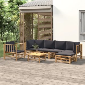 vidaXL VidaXL 7 Piece Patio Lounge Set with Dark Gray Cushions Bamboo 1