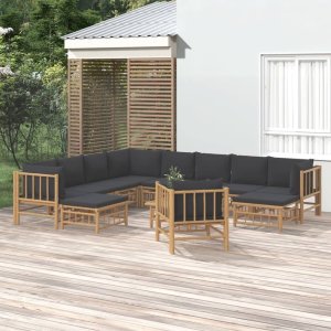 vidaXL VidaXL 12 Piece Patio Lounge Set with Dark Gray Cushions Bamboo 1