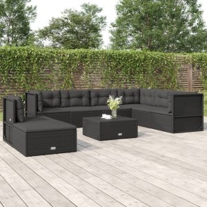 vidaXL VidaXL 8 Piece Patio Lounge Set with Cushions Black Poly Rattan 1