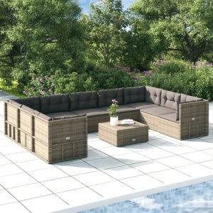 vidaXL VidaXL 9 Piece Patio Lounge Set with Cushions Gray Poly Rattan 1