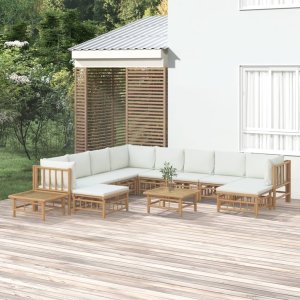 vidaXL VidaXL 12 Piece Patio Lounge Set with Cream White Cushions Bamboo 1