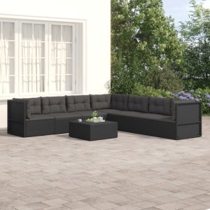 vidaXL VidaXL 7 Piece Patio Lounge Set with Cushions Black Poly Rattan 1