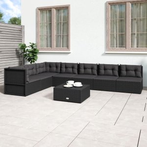 vidaXL VidaXL 7 Piece Patio Lounge Set with Cushions Black Poly Rattan 1