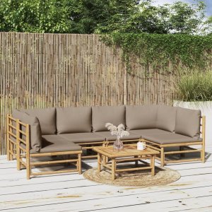 vidaXL VidaXL 7 Piece Patio Lounge Set with Taupe Cushions Bamboo 1