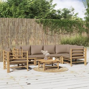 vidaXL VidaXL 7 Piece Patio Lounge Set with Taupe Cushions Bamboo 1