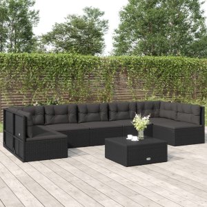 vidaXL VidaXL 7 Piece Patio Lounge Set with Cushions Black Poly Rattan 1