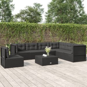 vidaXL VidaXL 7 Piece Patio Lounge Set with Cushions Black Poly Rattan 1