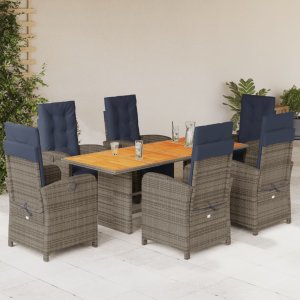 vidaXL VidaXL 7 Piece Patio Dining Set with Cushions Gray Poly Rattan 1