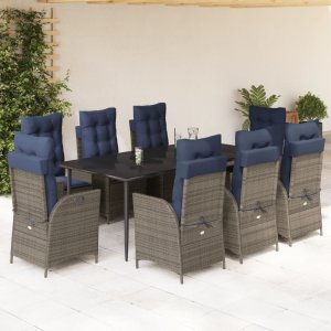 vidaXL VidaXL 9 Piece Patio Dining Set with Cushions Gray Poly Rattan 1