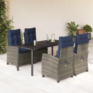 vidaXL VidaXL 5 Piece Patio Dining Set with Cushions Gray Poly Rattan 1