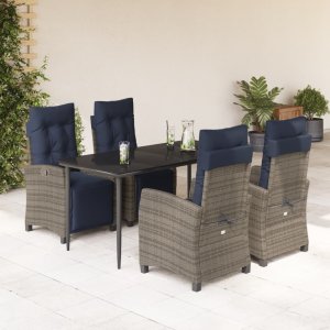 vidaXL VidaXL 5 Piece Patio Dining Set with Cushions Gray Poly Rattan 1