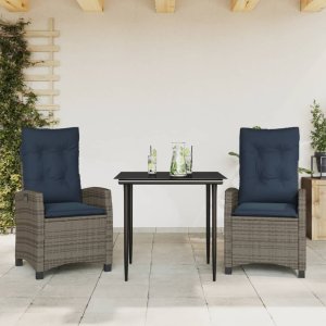 vidaXL VidaXL 3 Piece Patio Dining Set with Cushions Gray Poly Rattan 1