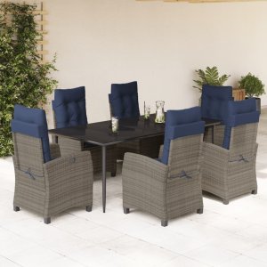 vidaXL VidaXL 7 Piece Patio Dining Set with Cushions Gray Poly Rattan 1