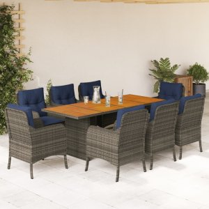 vidaXL VidaXL 9 Piece Patio Dining Set with Cushions Gray Poly Rattan 1